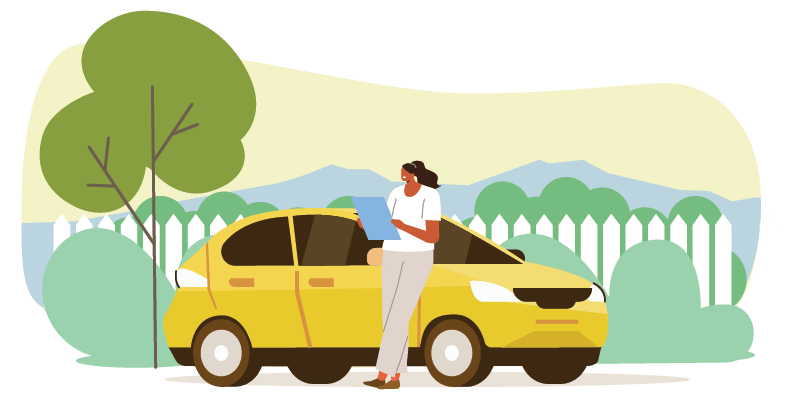 women in front of car